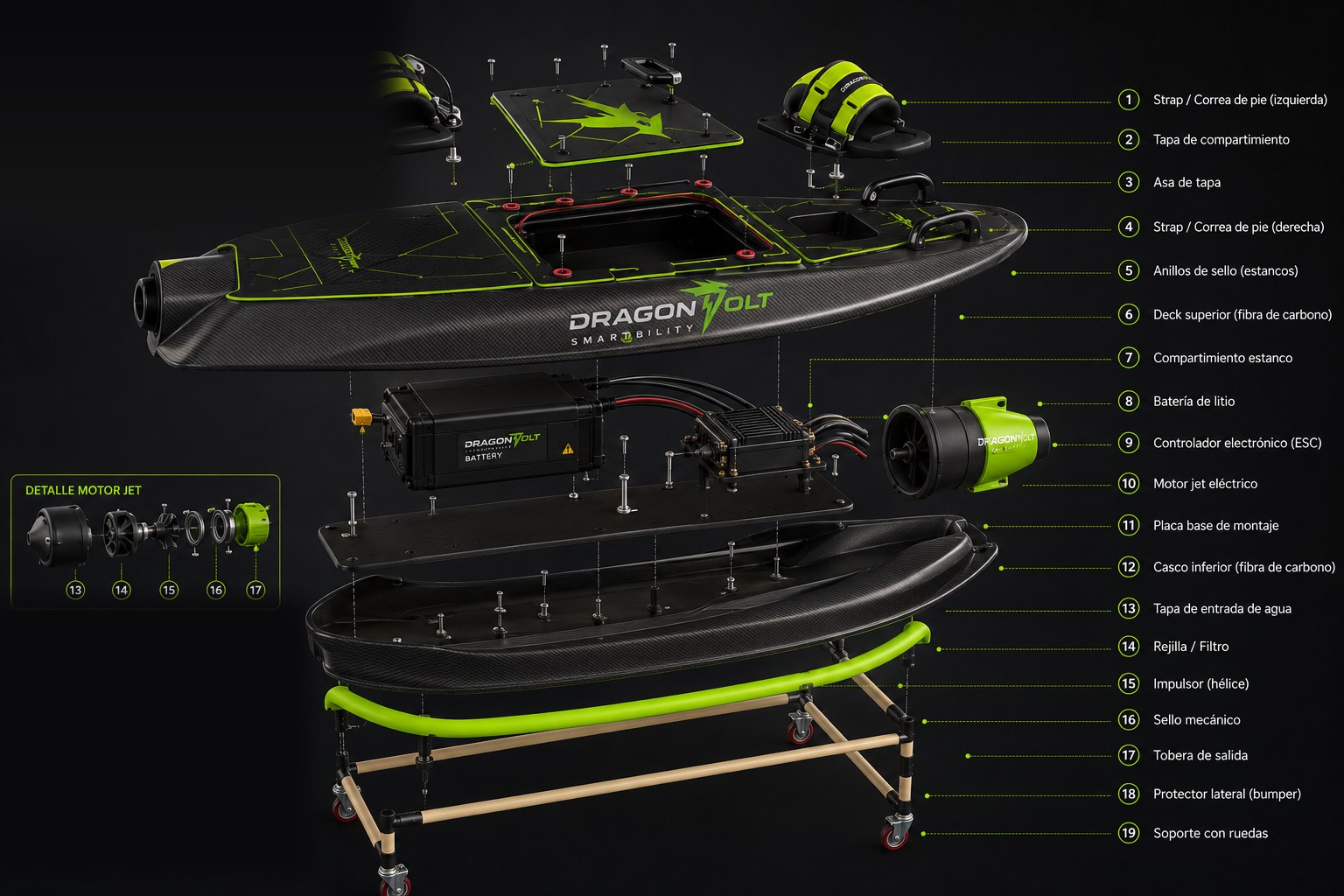 Vista explosionada de la Electric Surf Board con sus componentes